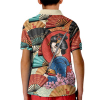 Japanese Geisha Katana Kid Polo Shirt Japan Sensu Seigaiha Pattern - Wonder Print Shop