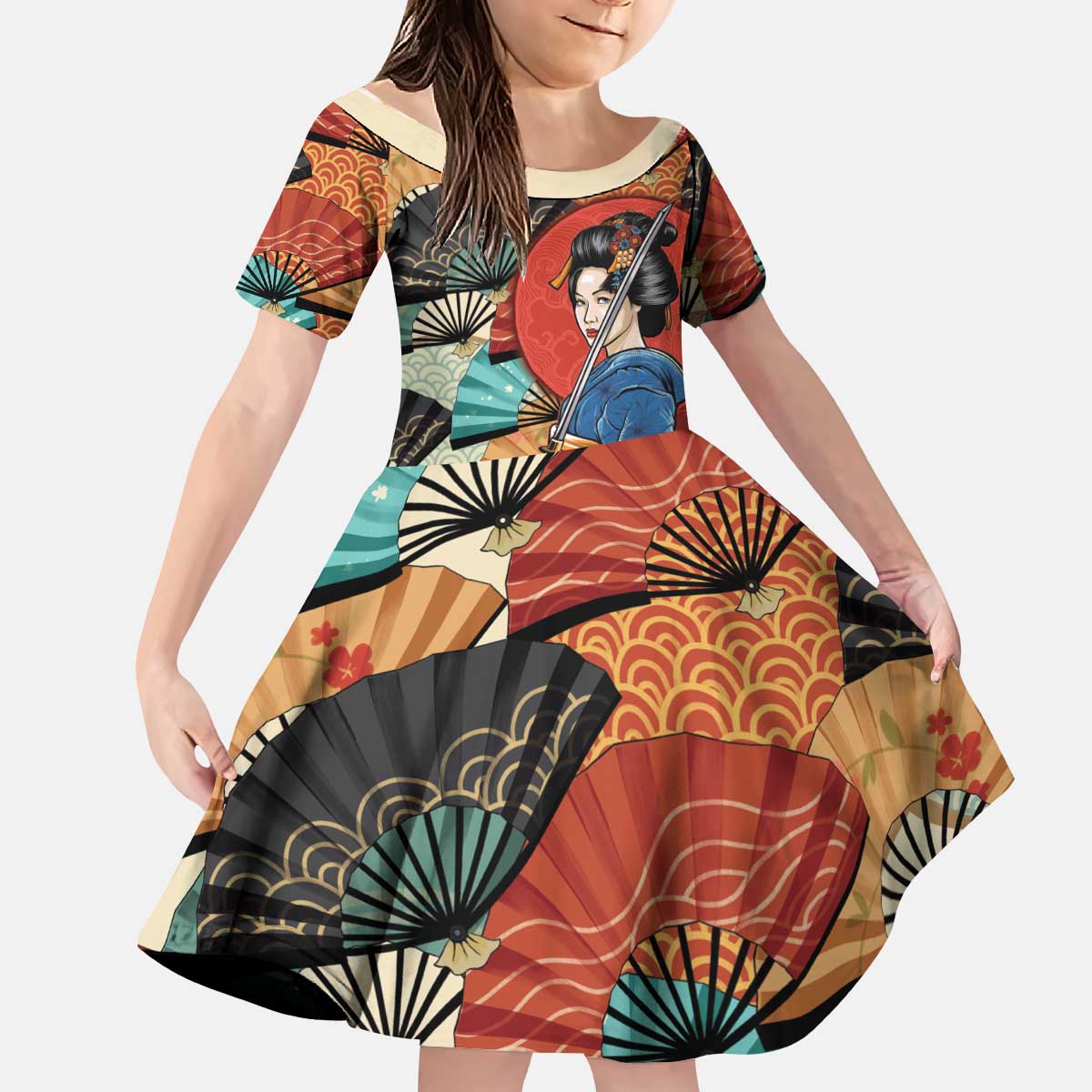Japanese Geisha Katana Kid Short Sleeve Dress Japan Sensu Seigaiha Pattern - Wonder Print Shop