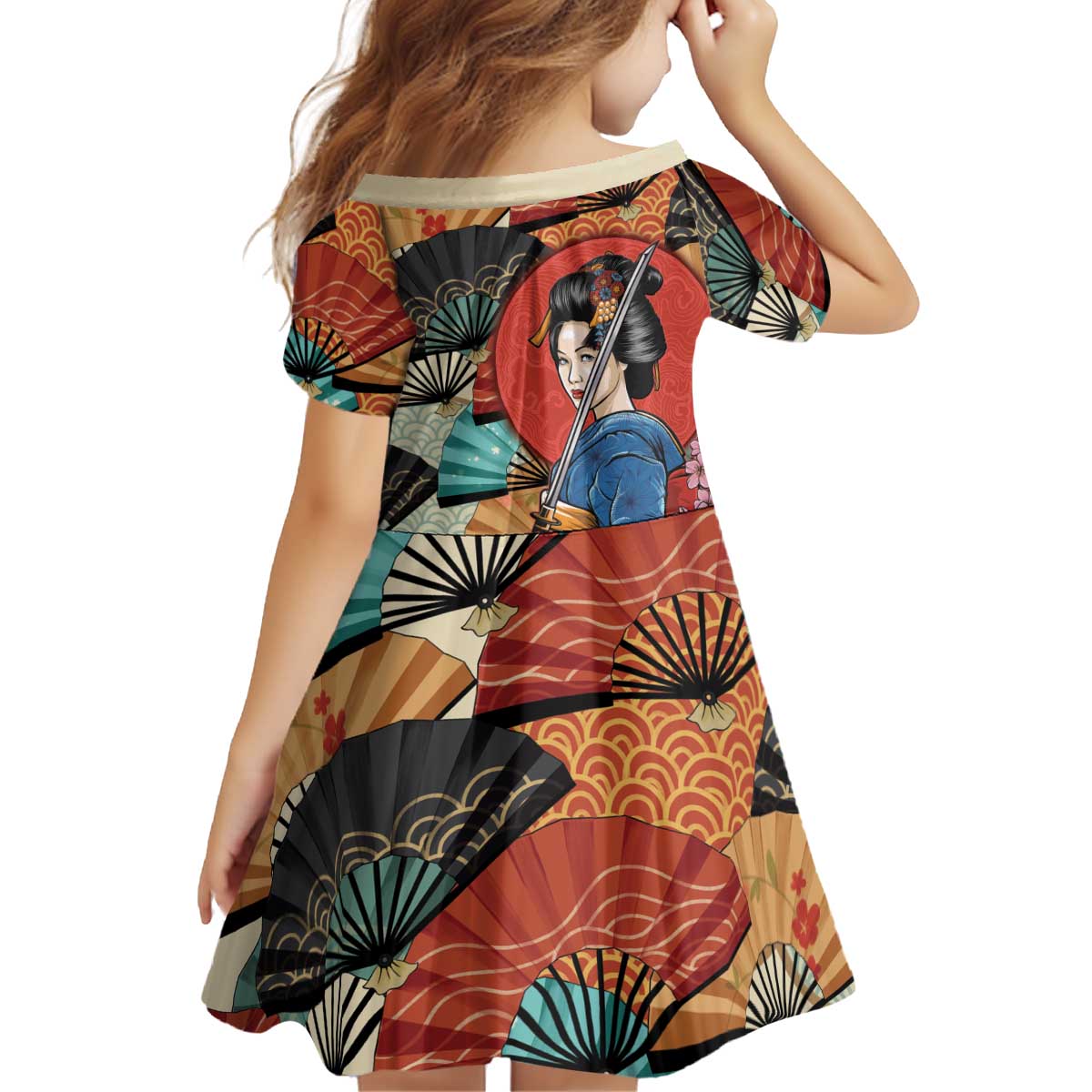 Japanese Geisha Katana Kid Short Sleeve Dress Japan Sensu Seigaiha Pattern - Wonder Print Shop