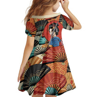 Japanese Geisha Katana Kid Short Sleeve Dress Japan Sensu Seigaiha Pattern - Wonder Print Shop