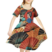 Japanese Geisha Katana Kid Short Sleeve Dress Japan Sensu Seigaiha Pattern - Wonder Print Shop