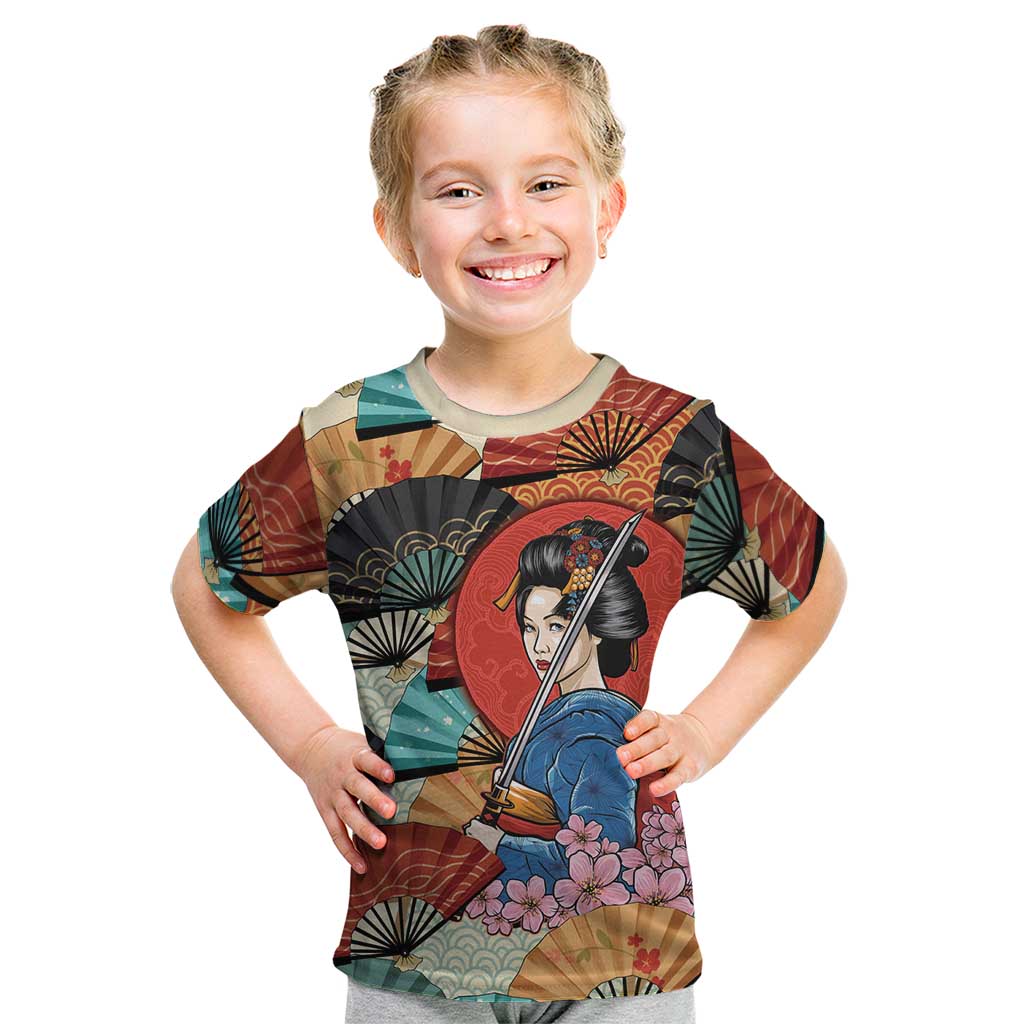 Japanese Geisha Katana Kid T Shirt Japan Sensu Seigaiha Pattern - Wonder Print Shop