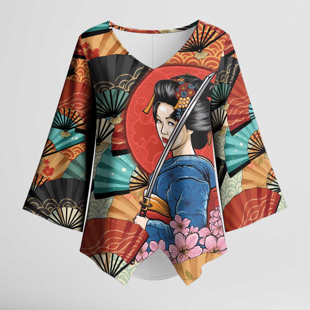 Japanese Geisha Katana Kimono Sleeve Blouse Japan Sensu Seigaiha Pattern - Wonder Print Shop