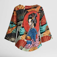 Japanese Geisha Katana Kimono Sleeve Blouse Japan Sensu Seigaiha Pattern - Wonder Print Shop