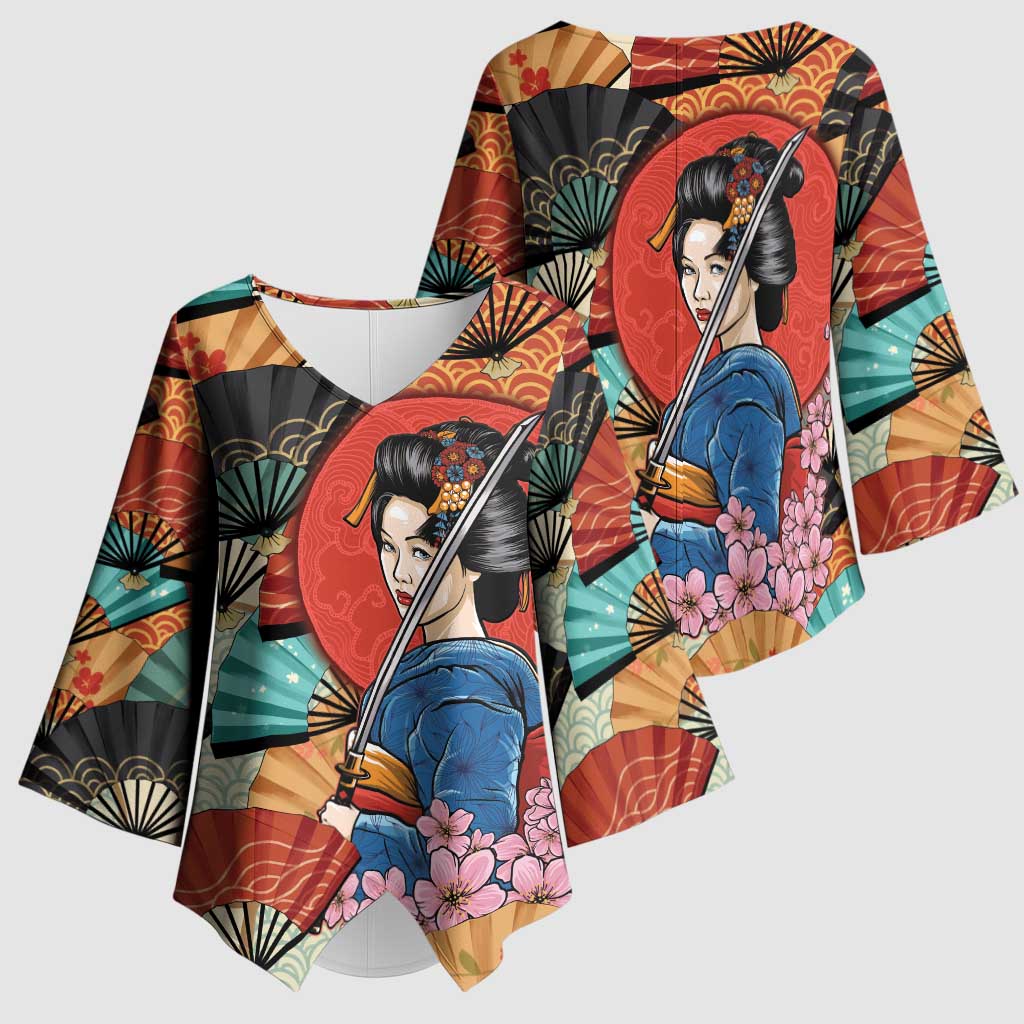 Japanese Geisha Katana Kimono Sleeve Blouse Japan Sensu Seigaiha Pattern - Wonder Print Shop