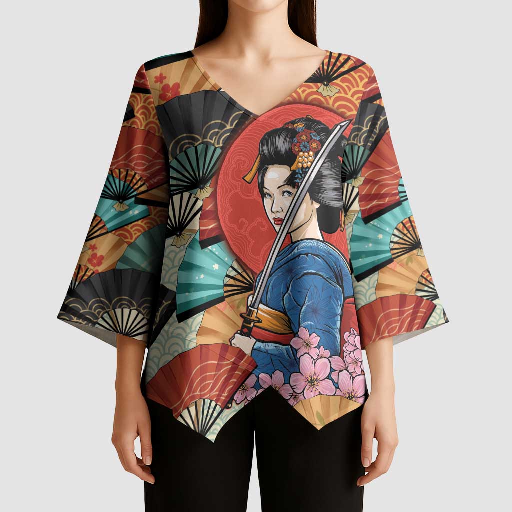 Japanese Geisha Katana Kimono Sleeve Blouse Japan Sensu Seigaiha Pattern - Wonder Print Shop