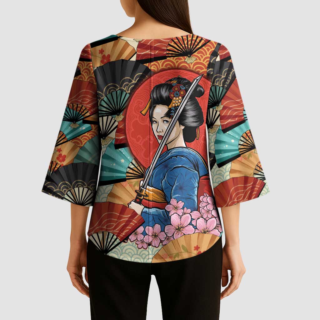 Japanese Geisha Katana Kimono Sleeve Blouse Japan Sensu Seigaiha Pattern - Wonder Print Shop