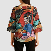 Japanese Geisha Katana Kimono Sleeve Blouse Japan Sensu Seigaiha Pattern - Wonder Print Shop