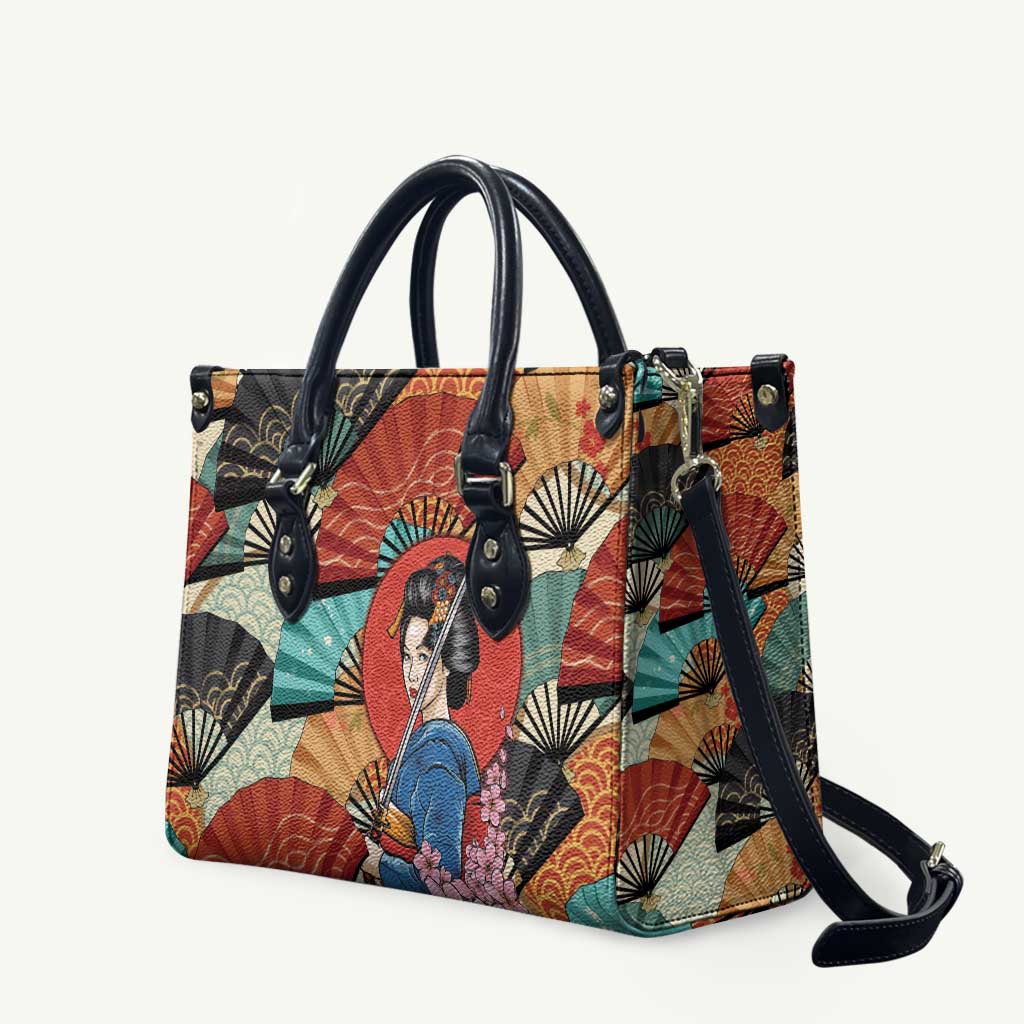 Japanese Geisha Katana Leather Bag Japan Sensu Seigaiha Pattern - Wonder Print Shop