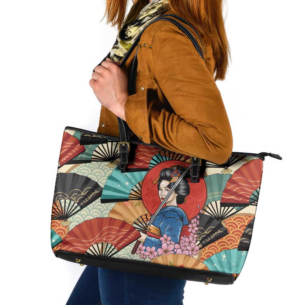 Japanese Geisha Katana Leather Tote Bag Japan Sensu Seigaiha Pattern - Wonder Print Shop