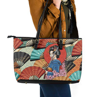 Japanese Geisha Katana Leather Tote Bag Japan Sensu Seigaiha Pattern - Wonder Print Shop