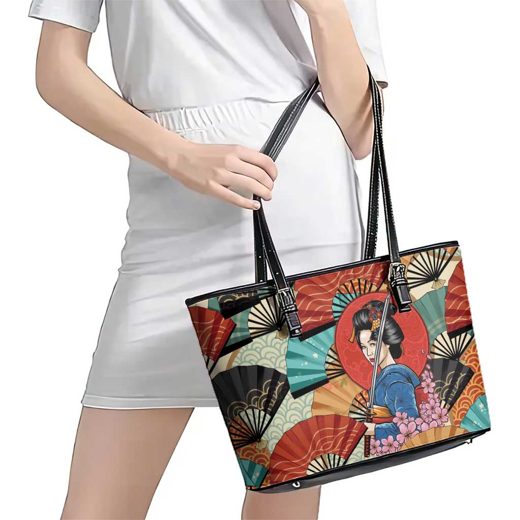 Japanese Geisha Katana Leather Tote Bag Japan Sensu Seigaiha Pattern - Wonder Print Shop
