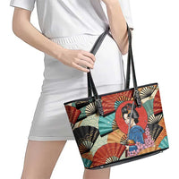 Japanese Geisha Katana Leather Tote Bag Japan Sensu Seigaiha Pattern - Wonder Print Shop