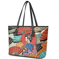 Japanese Geisha Katana Leather Tote Bag Japan Sensu Seigaiha Pattern - Wonder Print Shop