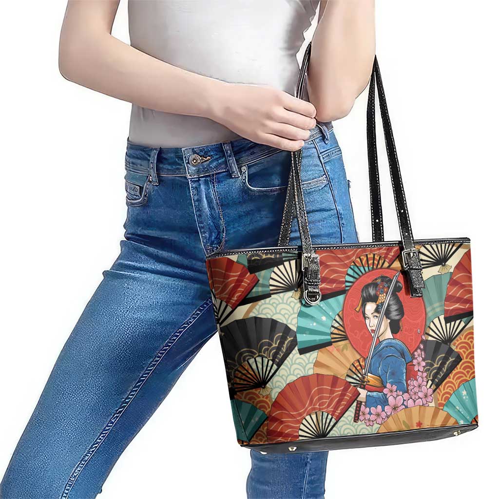 Japanese Geisha Katana Leather Tote Bag Japan Sensu Seigaiha Pattern - Wonder Print Shop