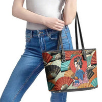 Japanese Geisha Katana Leather Tote Bag Japan Sensu Seigaiha Pattern - Wonder Print Shop