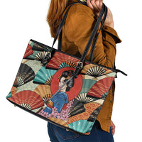 Japanese Geisha Katana Leather Tote Bag Japan Sensu Seigaiha Pattern - Wonder Print Shop