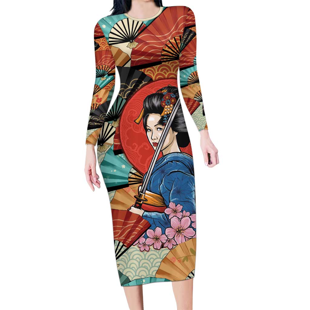 Japanese Geisha Katana Long Sleeve Bodycon Dress Japan Sensu Seigaiha Pattern - Wonder Print Shop