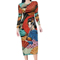 Japanese Geisha Katana Long Sleeve Bodycon Dress Japan Sensu Seigaiha Pattern - Wonder Print Shop