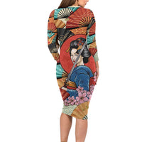 Japanese Geisha Katana Long Sleeve Bodycon Dress Japan Sensu Seigaiha Pattern - Wonder Print Shop