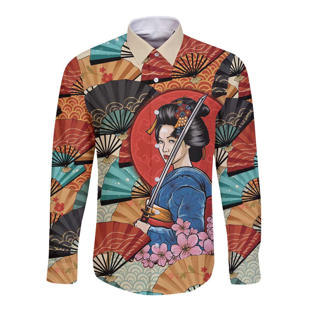 Japanese Geisha Katana Long Sleeve Button Shirt Japan Sensu Seigaiha Pattern - Wonder Print Shop