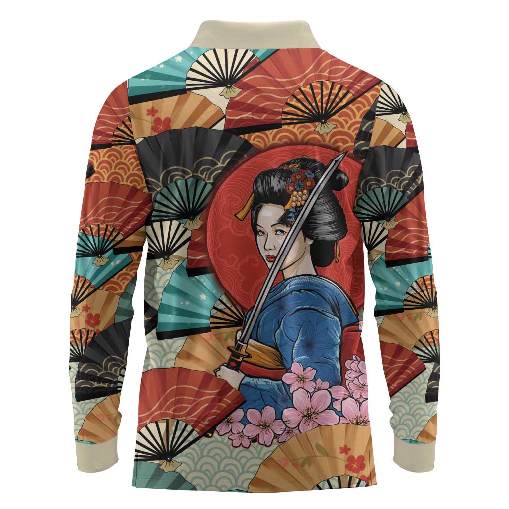 Japanese Geisha Katana Long Sleeve Polo Shirt Japan Sensu Seigaiha Pattern - Wonder Print Shop
