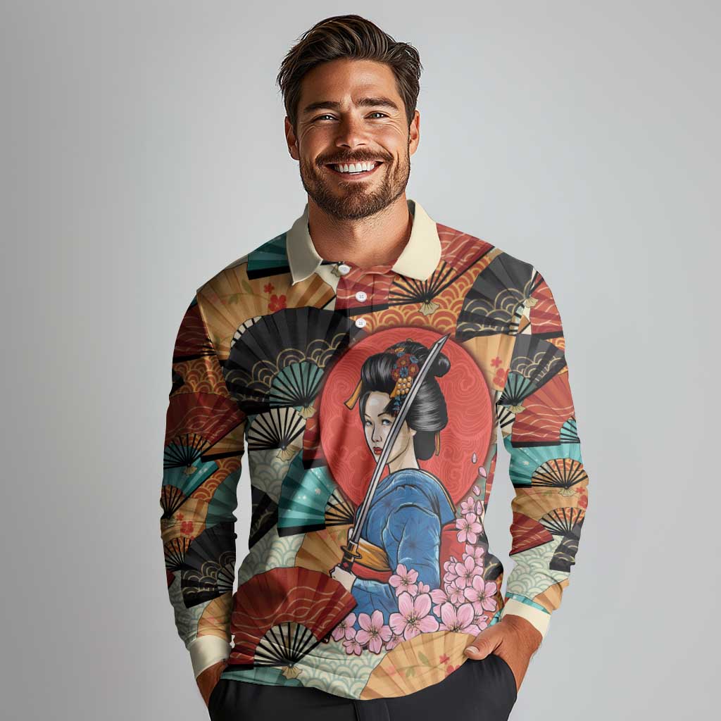Japanese Geisha Katana Long Sleeve Polo Shirt Japan Sensu Seigaiha Pattern - Wonder Print Shop