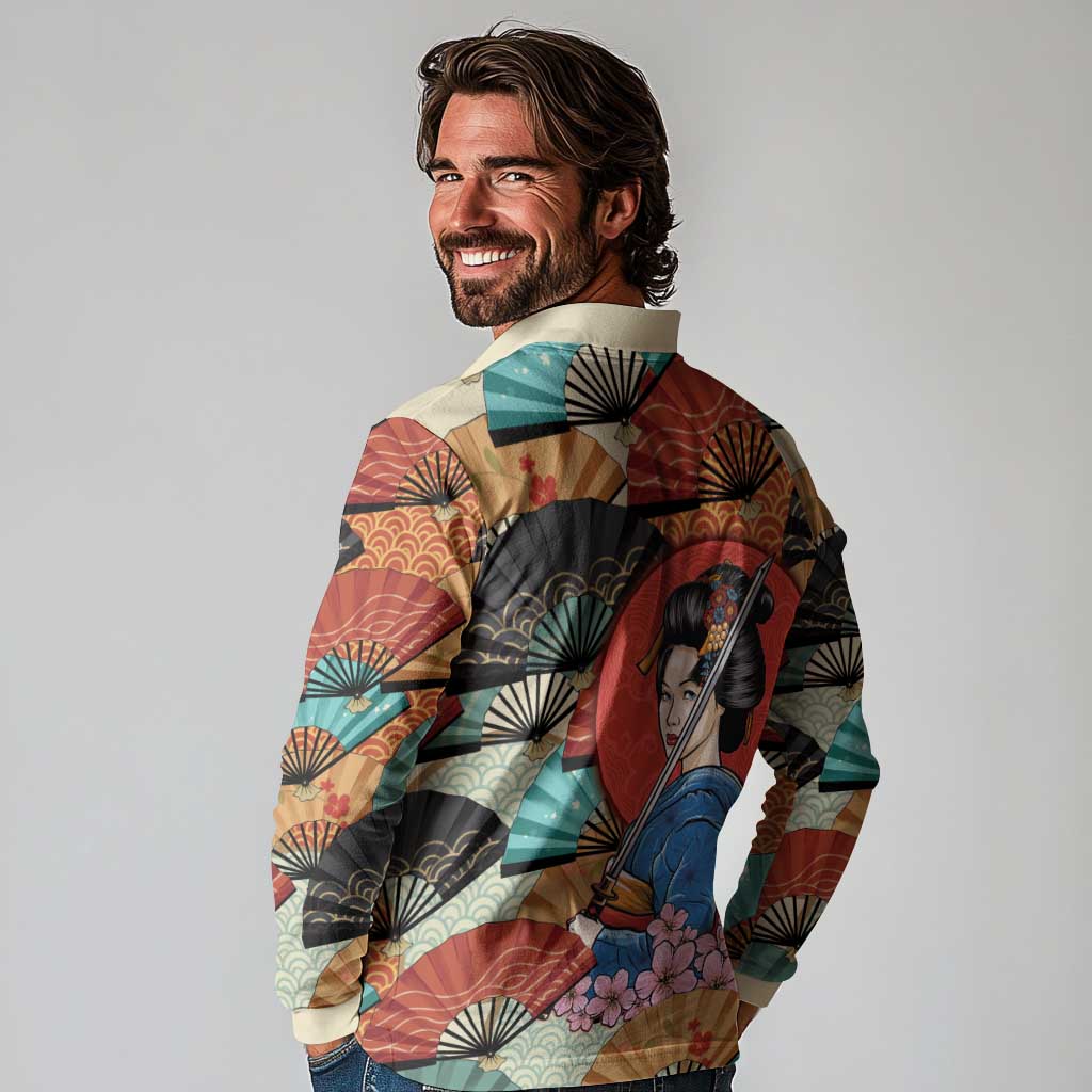Japanese Geisha Katana Long Sleeve Polo Shirt Japan Sensu Seigaiha Pattern - Wonder Print Shop