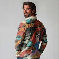 Japanese Geisha Katana Long Sleeve Polo Shirt Japan Sensu Seigaiha Pattern - Wonder Print Shop