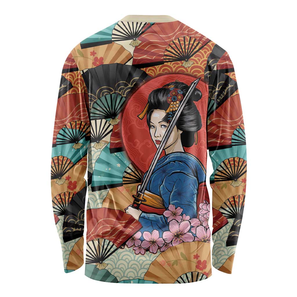 Japanese Geisha Katana Long Sleeve Shirt Japan Sensu Seigaiha Pattern - Wonder Print Shop