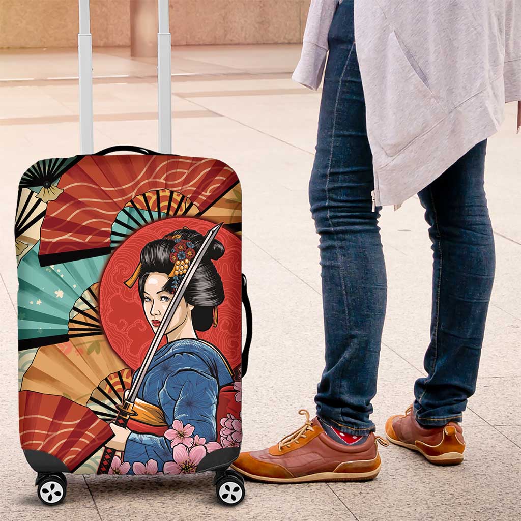 Japanese Geisha Katana Luggage Cover Japan Sensu Seigaiha Pattern - Wonder Print Shop