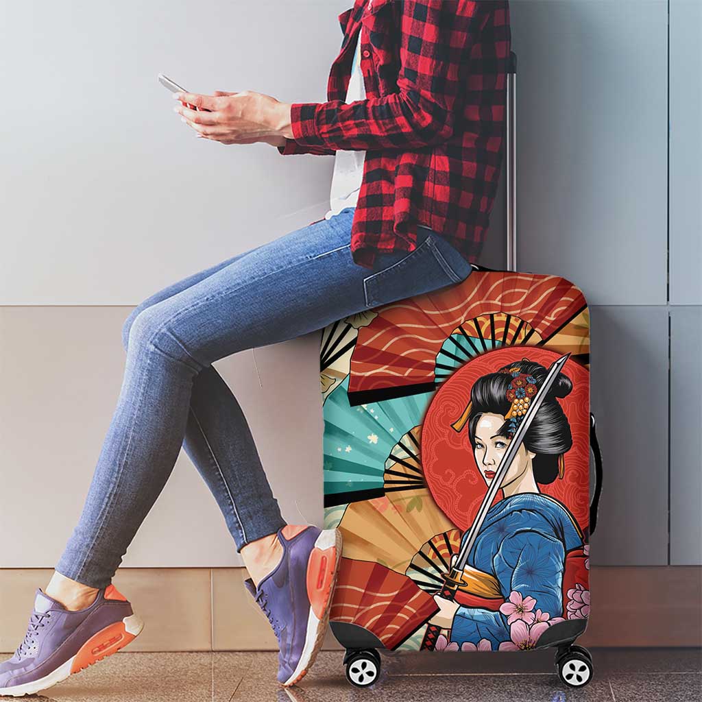 Japanese Geisha Katana Luggage Cover Japan Sensu Seigaiha Pattern - Wonder Print Shop