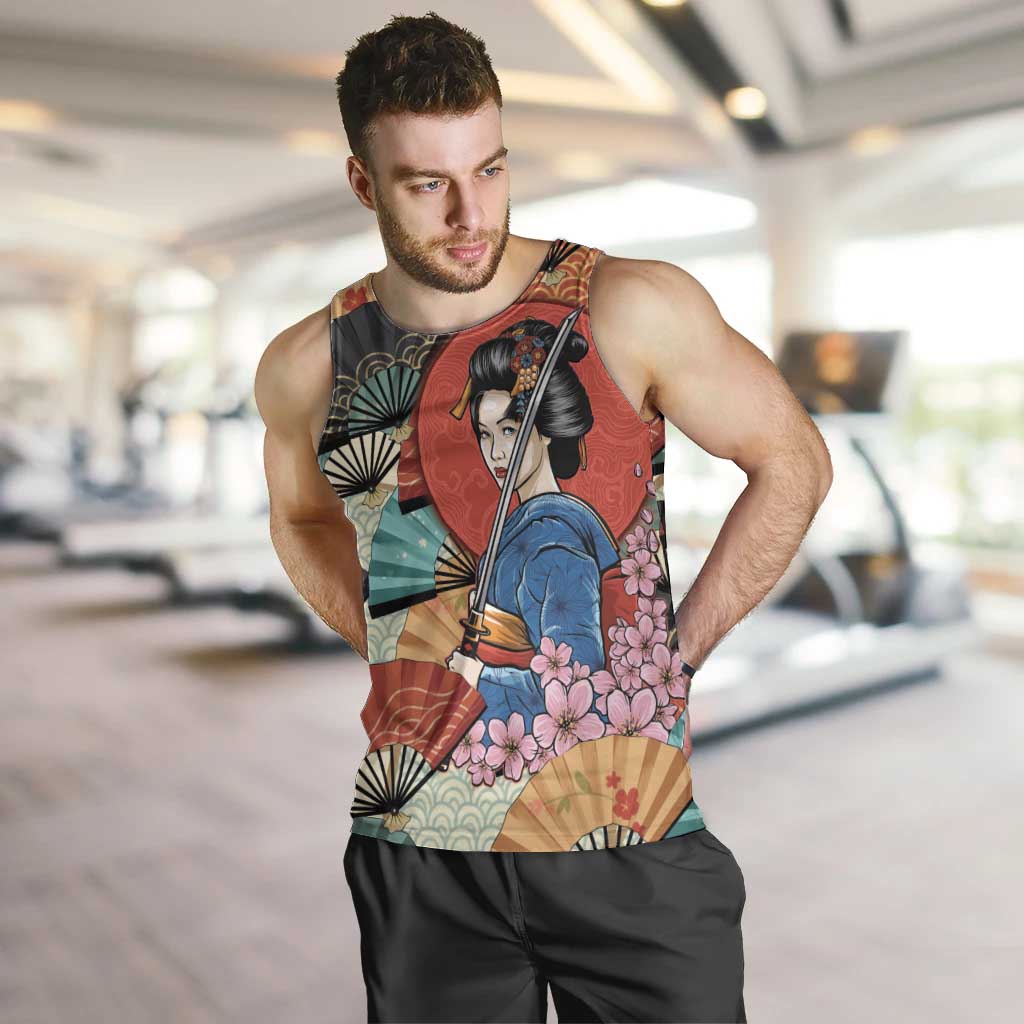 Japanese Geisha Katana Men Tank Top Japan Sensu Seigaiha Pattern - Wonder Print Shop