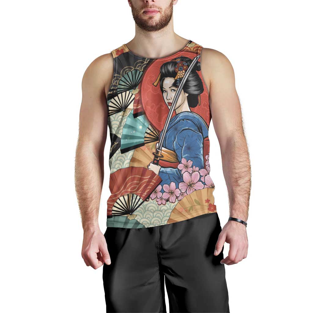 Japanese Geisha Katana Men Tank Top Japan Sensu Seigaiha Pattern - Wonder Print Shop