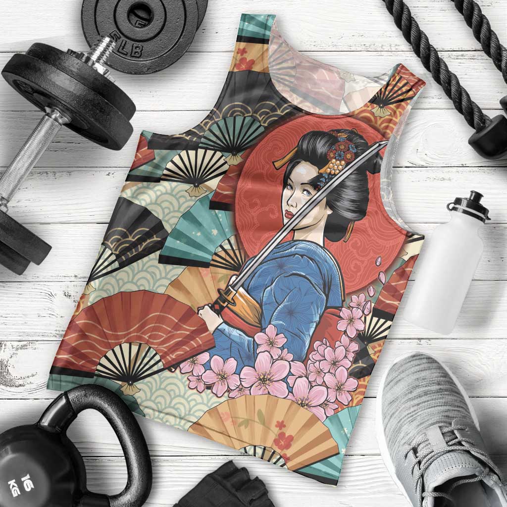Japanese Geisha Katana Men Tank Top Japan Sensu Seigaiha Pattern - Wonder Print Shop