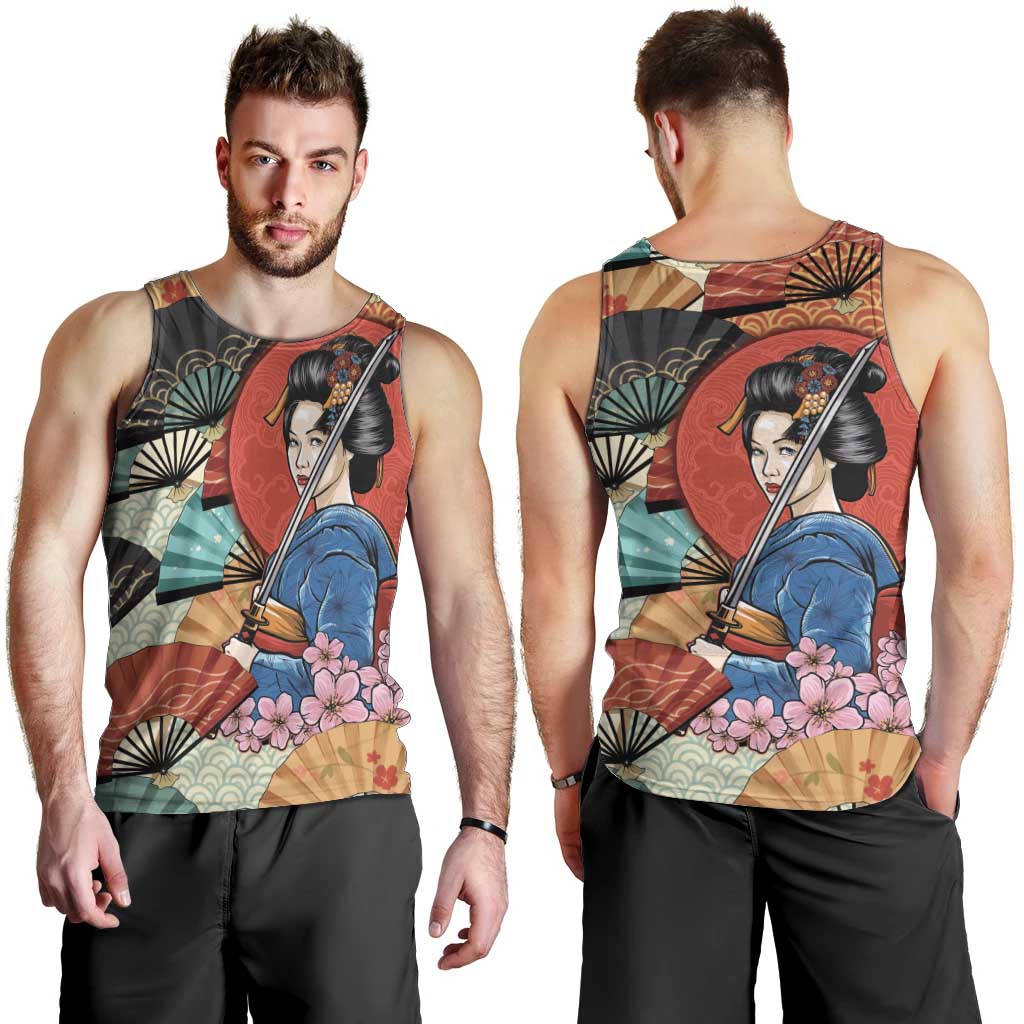 Japanese Geisha Katana Men Tank Top Japan Sensu Seigaiha Pattern - Wonder Print Shop