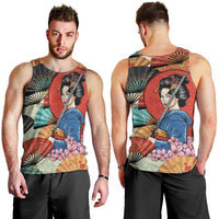 Japanese Geisha Katana Men Tank Top Japan Sensu Seigaiha Pattern - Wonder Print Shop