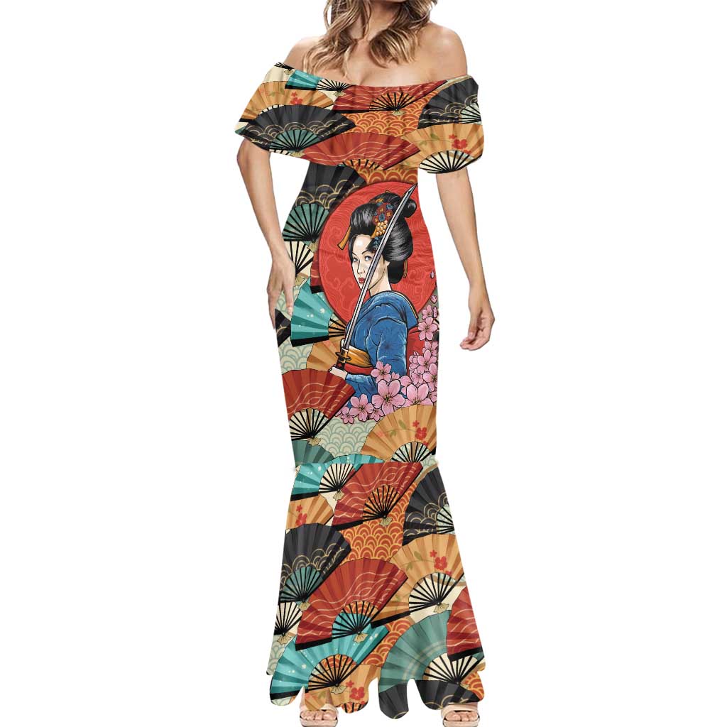 Japanese Geisha Katana Mermaid Dress Japan Sensu Seigaiha Pattern - Wonder Print Shop