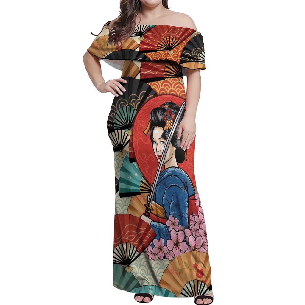 Japanese Geisha Katana Off Shoulder Maxi Dress Japan Sensu Seigaiha Pattern - Wonder Print Shop