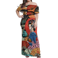 Japanese Geisha Katana Off Shoulder Maxi Dress Japan Sensu Seigaiha Pattern - Wonder Print Shop