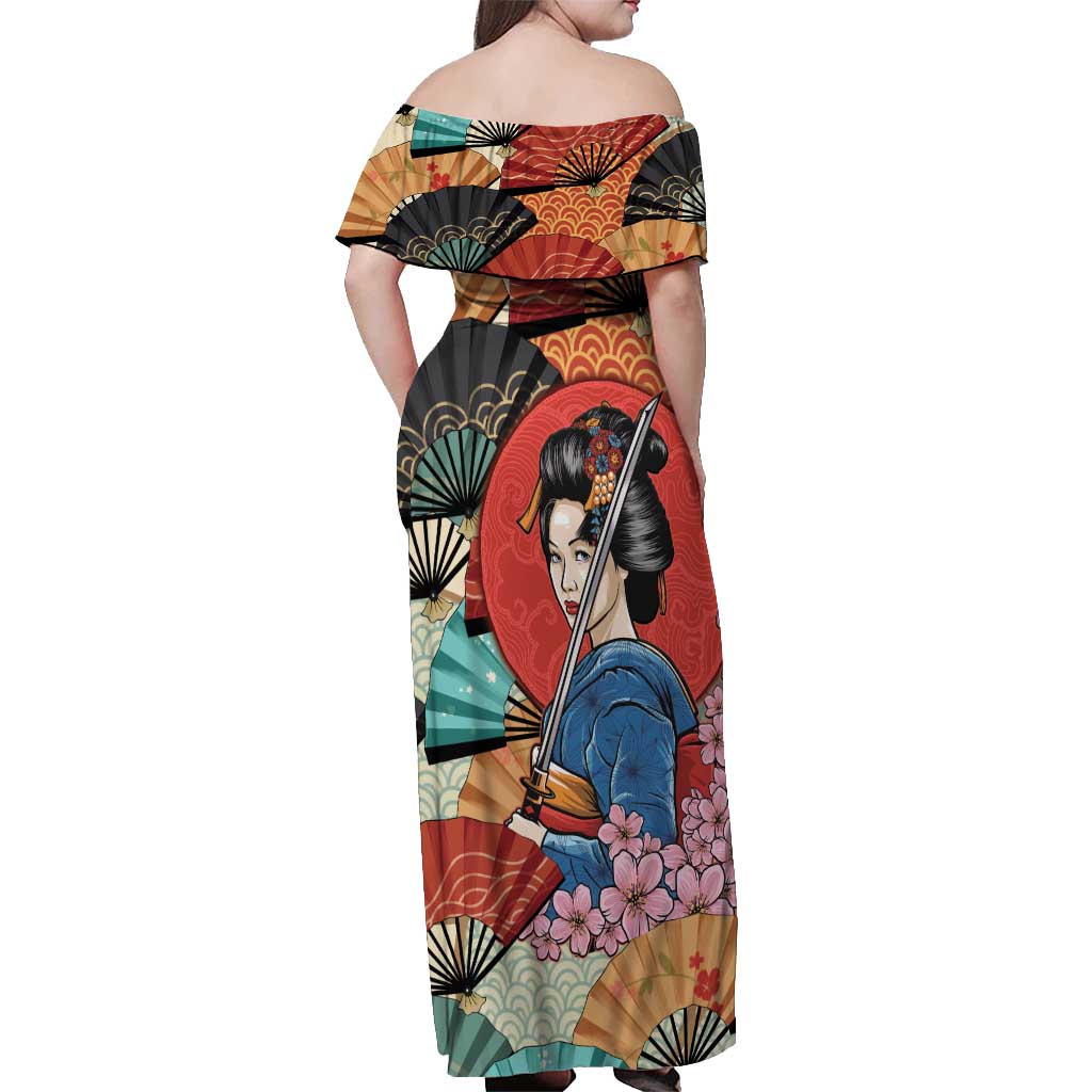 Japanese Geisha Katana Off Shoulder Maxi Dress Japan Sensu Seigaiha Pattern - Wonder Print Shop