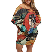 Japanese Geisha Katana Off Shoulder Short Dress Japan Sensu Seigaiha Pattern - Wonder Print Shop