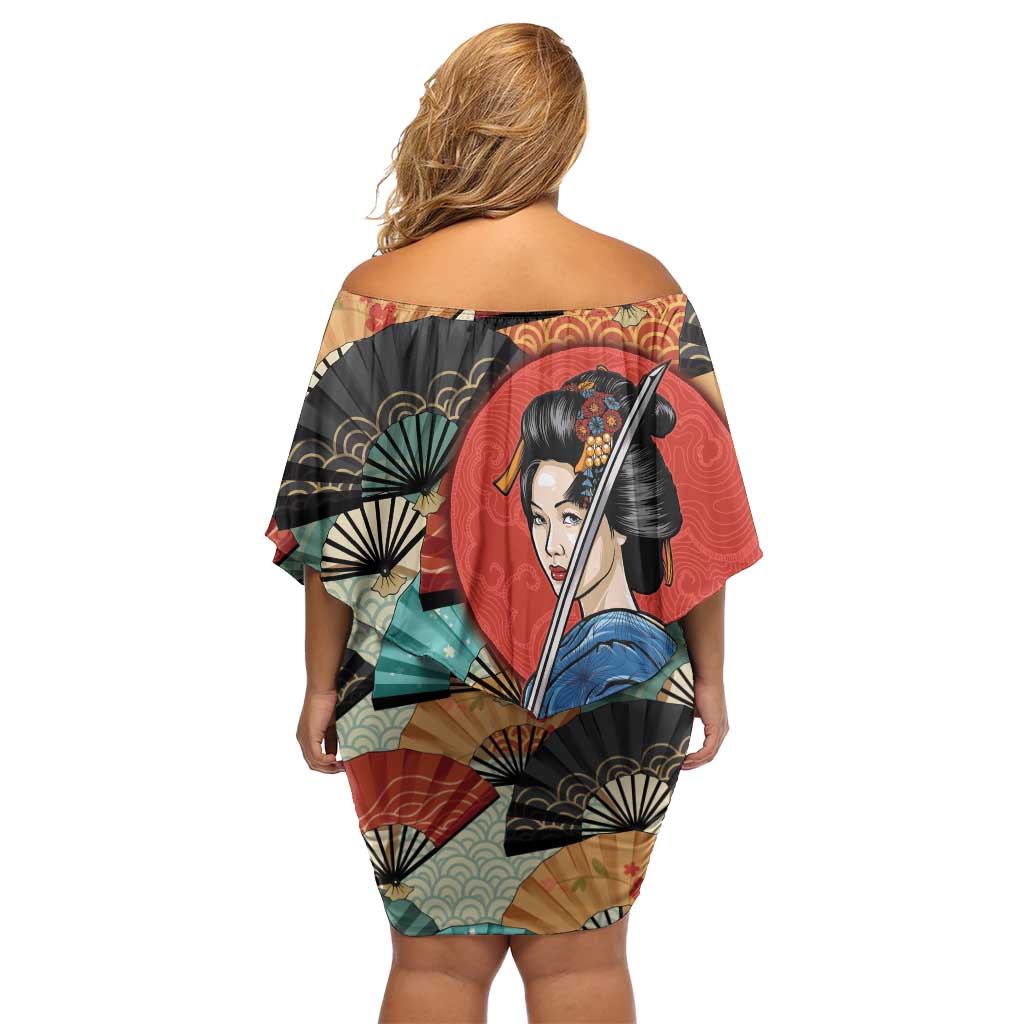 Japanese Geisha Katana Off Shoulder Short Dress Japan Sensu Seigaiha Pattern - Wonder Print Shop
