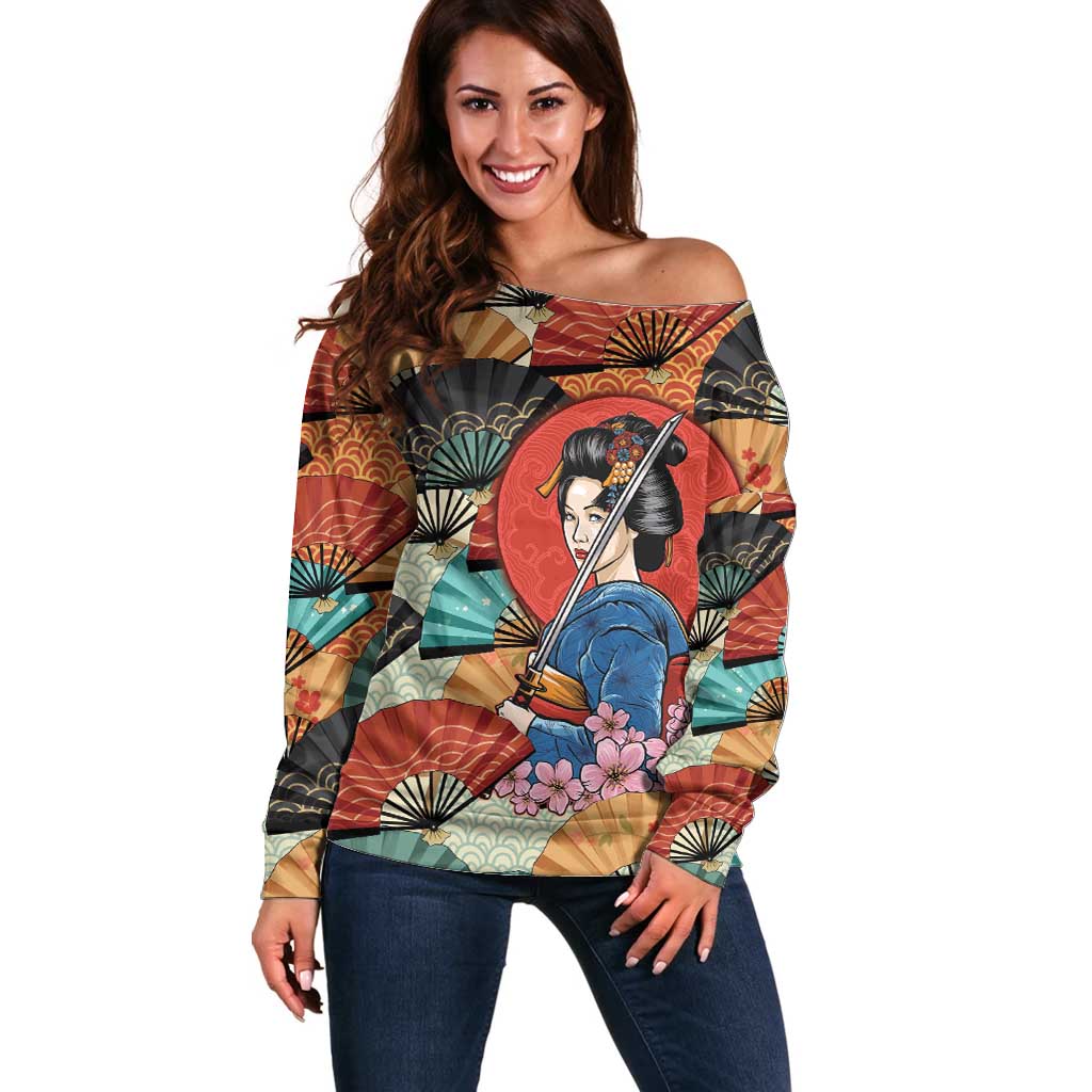 Japanese Geisha Katana Off Shoulder Sweater Japan Sensu Seigaiha Pattern - Wonder Print Shop