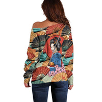 Japanese Geisha Katana Off Shoulder Sweater Japan Sensu Seigaiha Pattern - Wonder Print Shop