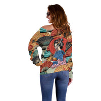 Japanese Geisha Katana Off Shoulder Sweater Japan Sensu Seigaiha Pattern - Wonder Print Shop