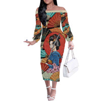 Japanese Geisha Katana Off The Shoulder Long Sleeve Dress Japan Sensu Seigaiha Pattern - Wonder Print Shop