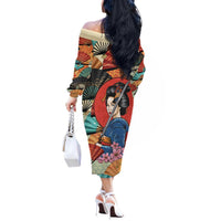 Japanese Geisha Katana Off The Shoulder Long Sleeve Dress Japan Sensu Seigaiha Pattern - Wonder Print Shop