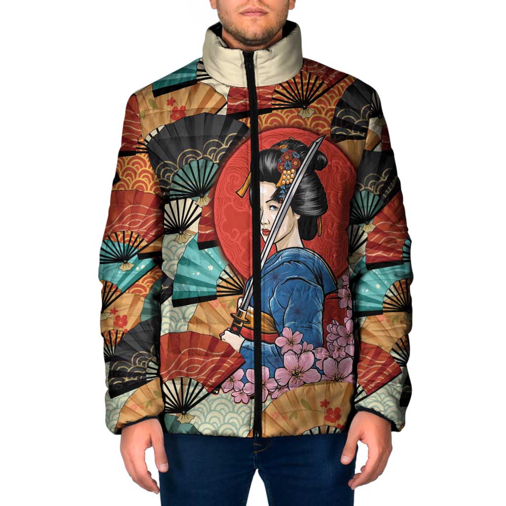Japanese Geisha Katana Padded Jacket Japan Sensu Seigaiha Pattern - Wonder Print Shop