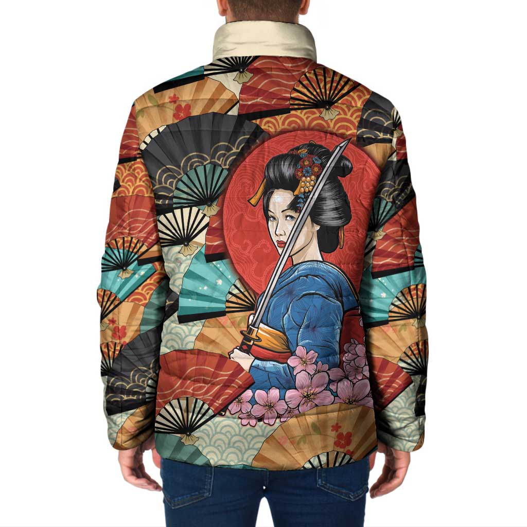 Japanese Geisha Katana Padded Jacket Japan Sensu Seigaiha Pattern - Wonder Print Shop